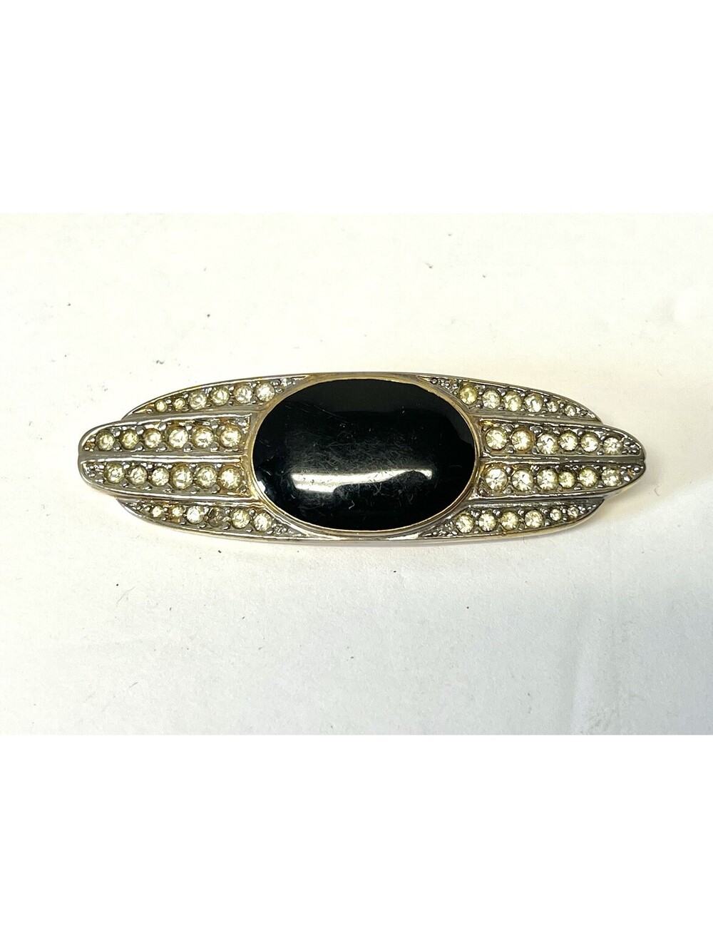 Vtg Art Deco Revival Signed CAROLEE Rhinestone Faux Onyx Black Enamel Brooch Pin